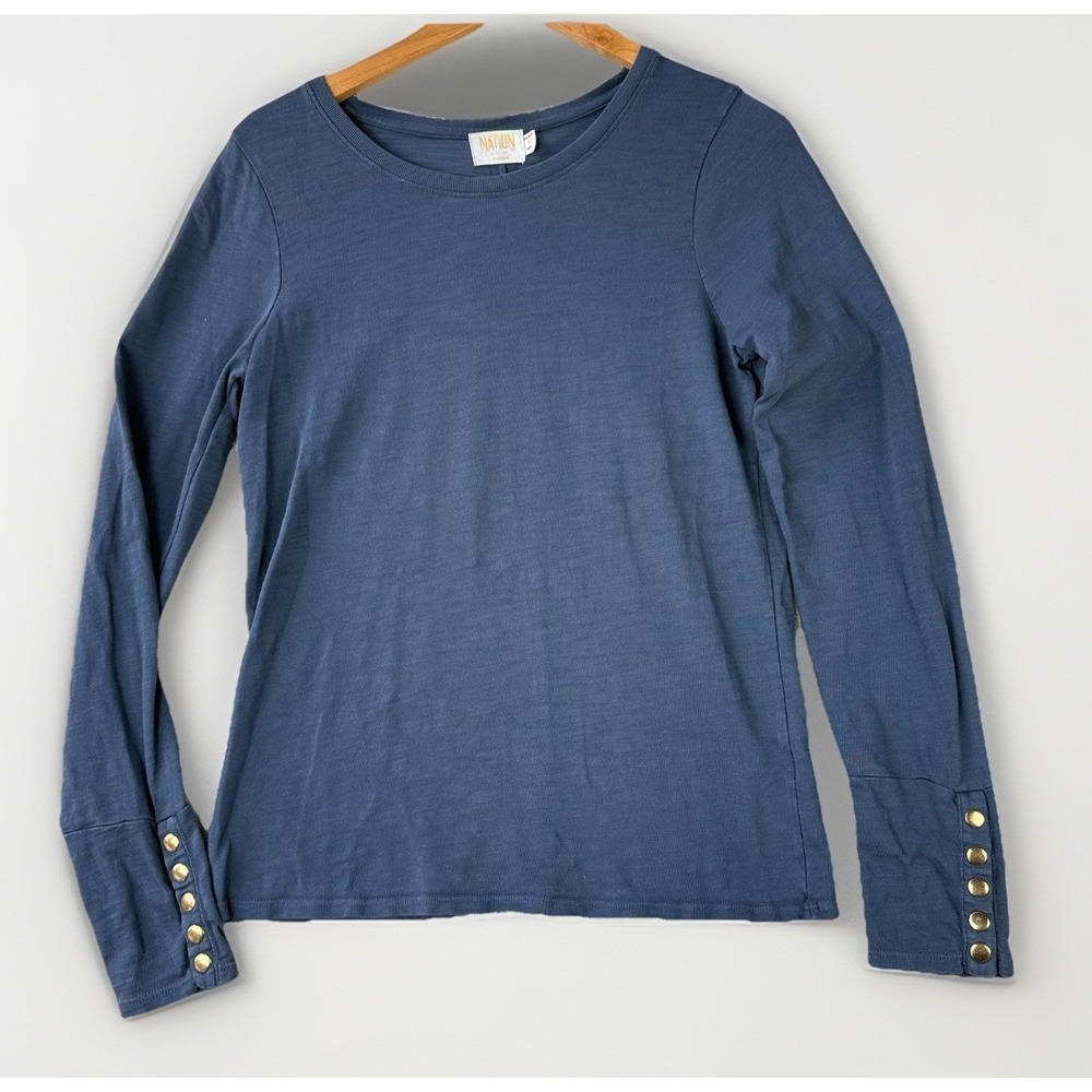 Nation LTD Janae Slim Crew Tee Womens M Blue Long Sleeve Button Cuffs‎ $108